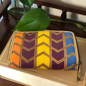 Vintage Fossil Leather Chevron Patchwork Bifold Zip Wallet - Multicolor Boho